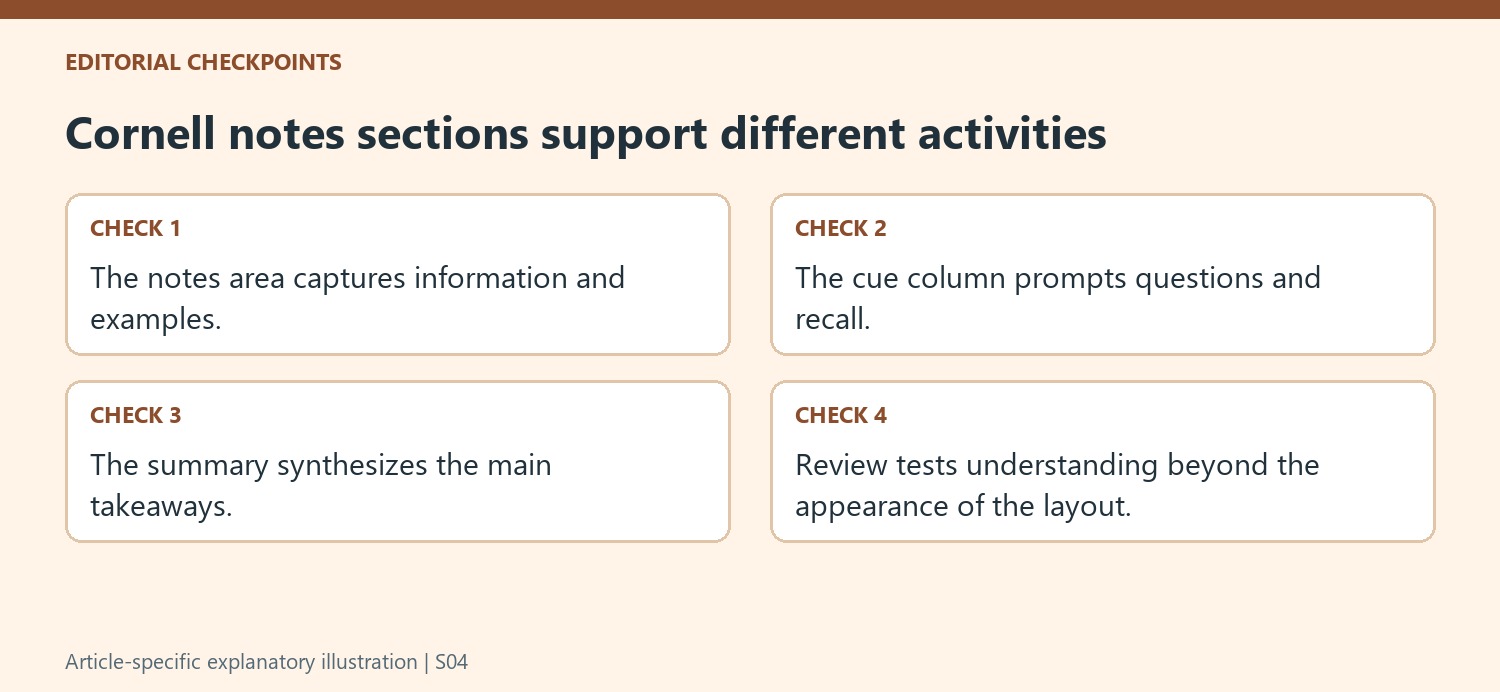 Cornell notes sections support different activities