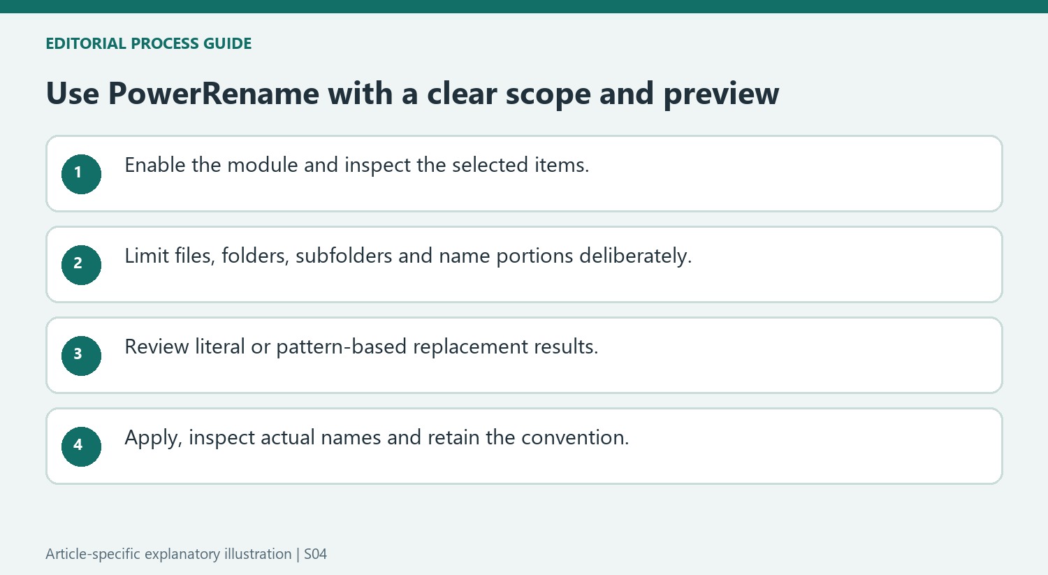 Use PowerRename with a clear scope and preview