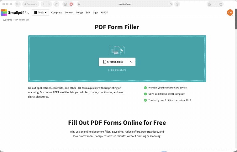 Smallpdf PDF Form Filler landing page with its file upload area.