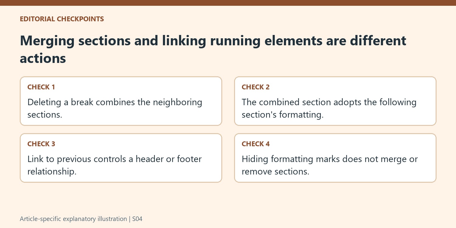 Merging sections and linking running elements are different actions