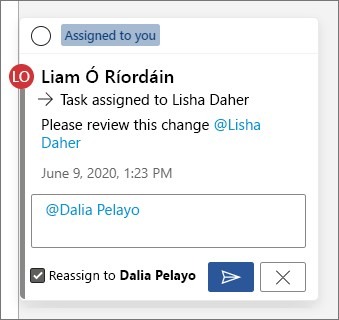 Office comment reply with the task reassignment option.