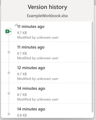 Excel version history listing earlier workbook versions.
