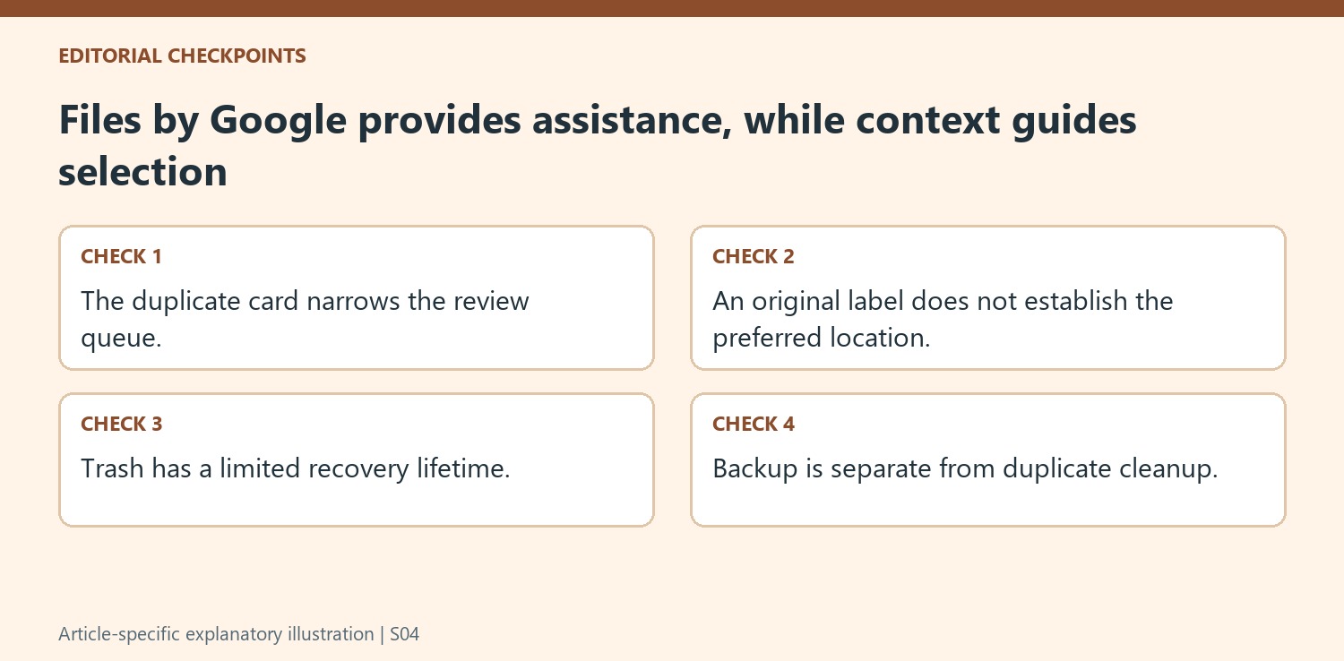 Files by Google provides assistance, while context guides selection