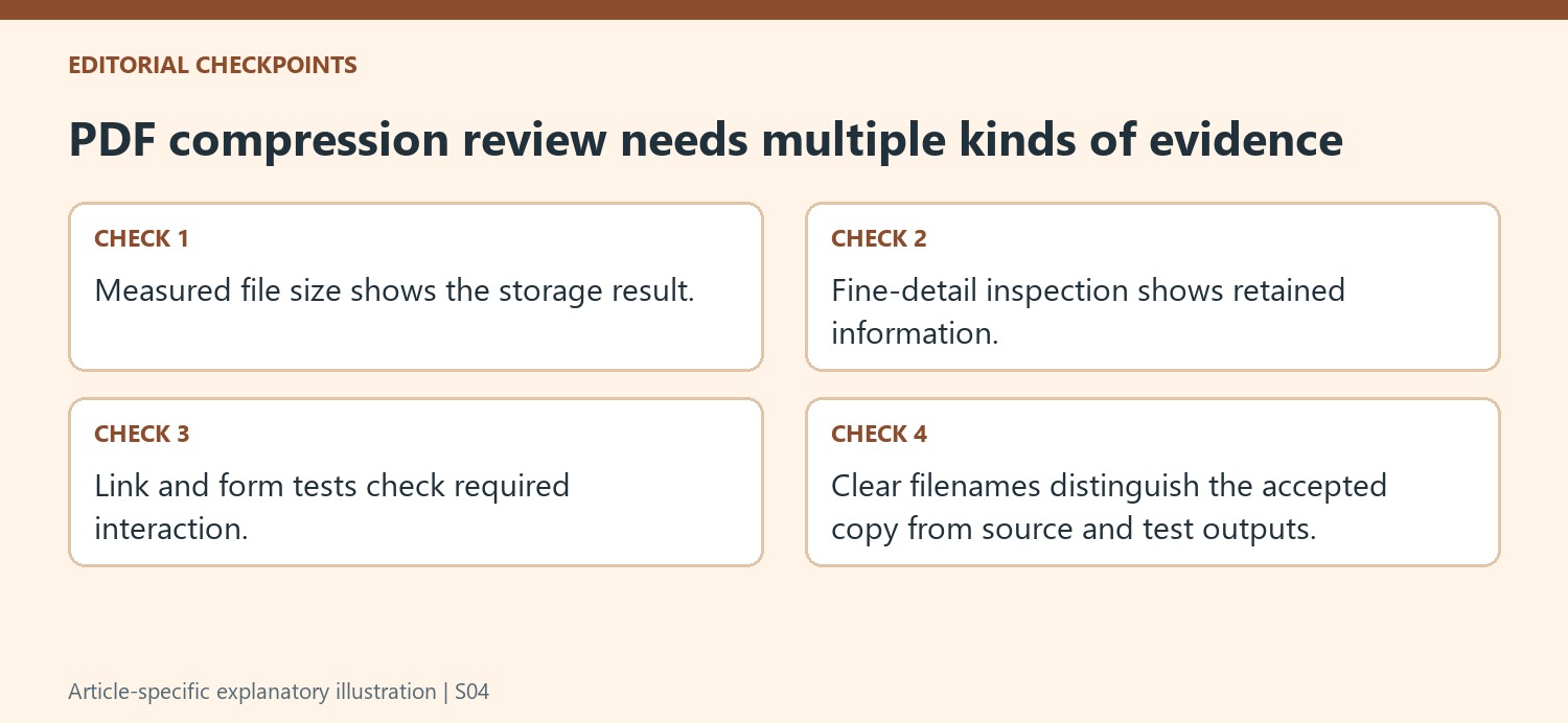 PDF compression review needs multiple kinds of evidence
