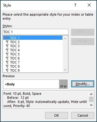 Word Style dialog listing table-of-contents levels and a Modify button.