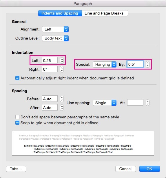 Word paragraph settings for a hanging indent.