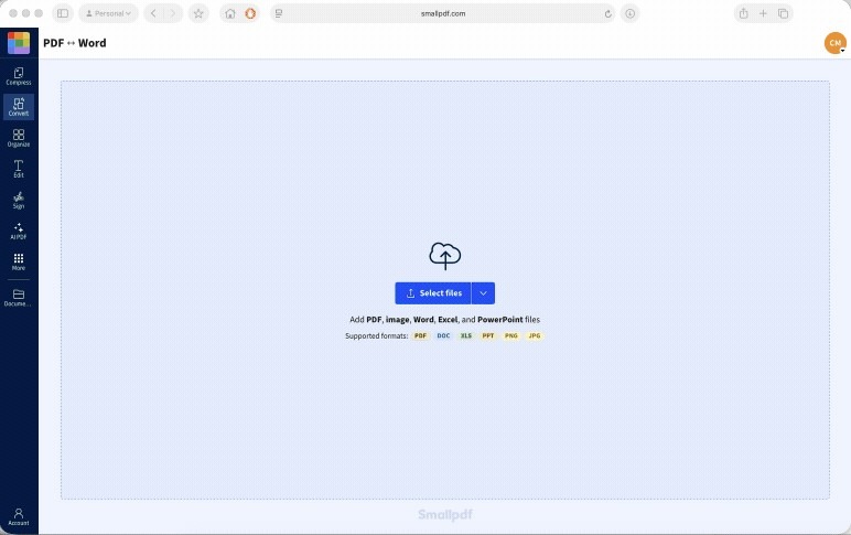 Browser PDF-to-Word conversion workflow.