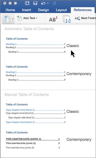 Word for Mac automatic table-of-contents style gallery.