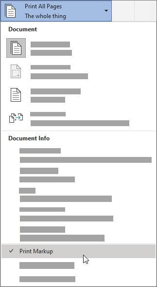 Word print settings with the Print Markup option.