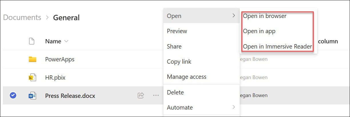 SharePoint document menu with browser, app and reading options.
