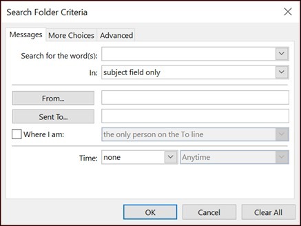 Classic Outlook Search Folder criteria dialog.
