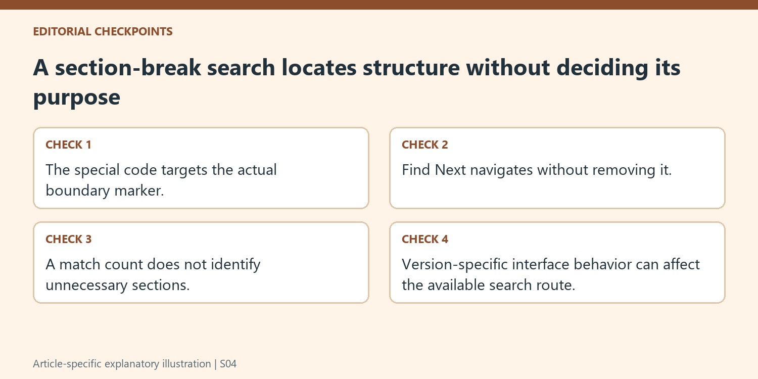 A section-break search locates structure without deciding its purpose