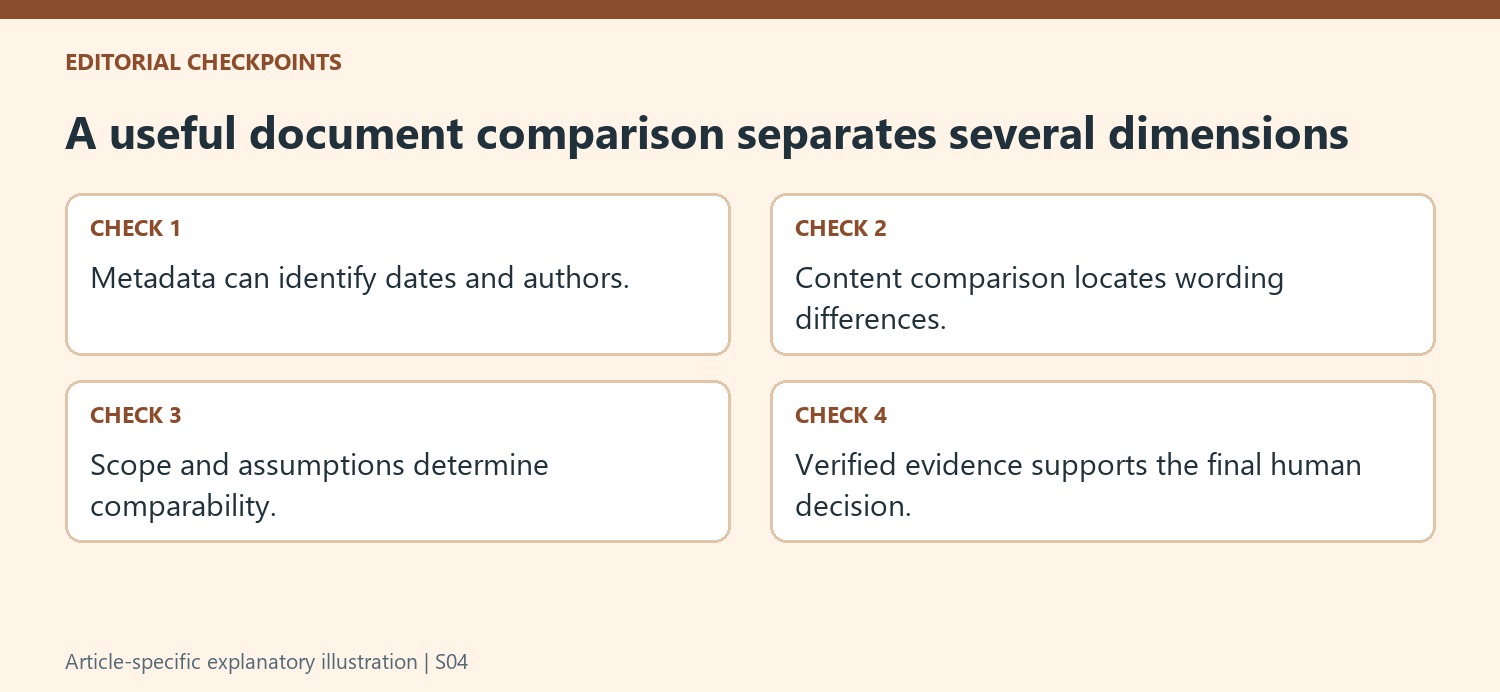A useful document comparison separates several dimensions