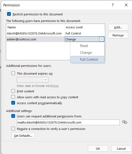 Word IRM additional-permissions dialog.
